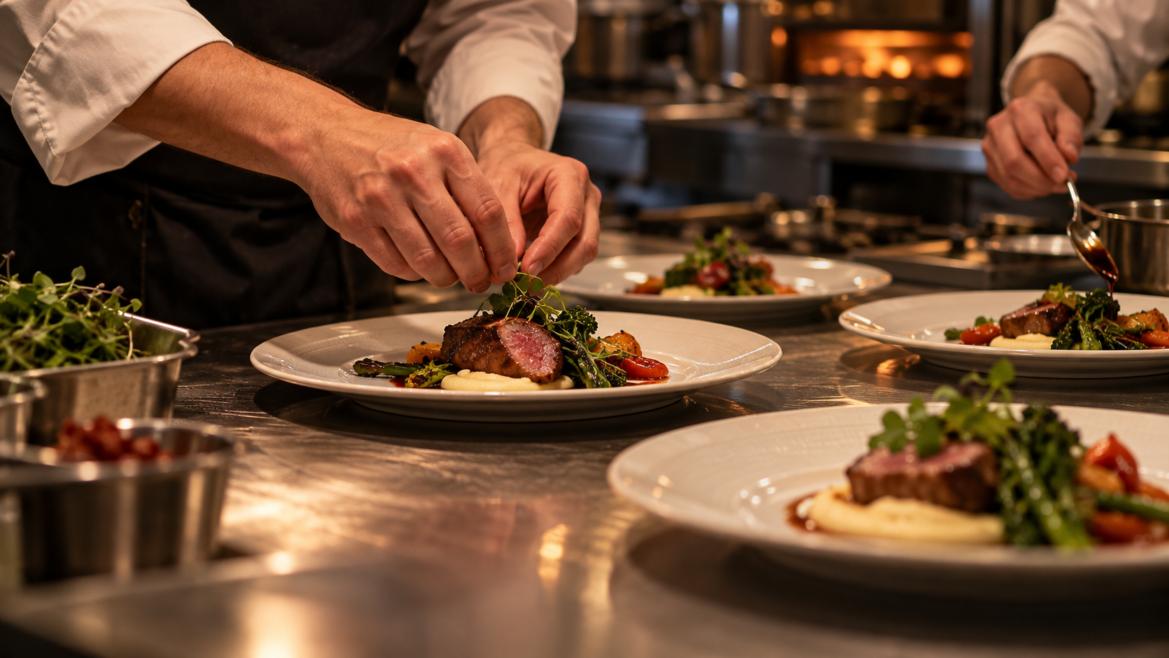 A chef’s hands arranging plates along a stainless steel kitchen pass